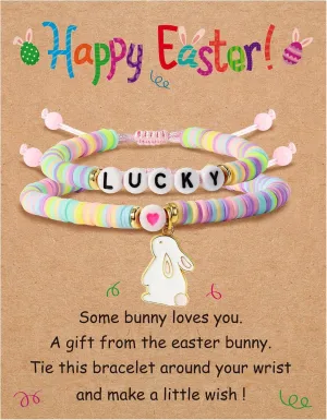 BAYLAY Easter Gifts for Teen Girls, 2 Pcs Lucky Bunny Bracelets Set Easter Basket Essentials Stuffers Fillers Gifts for Kids Teens Girls Women