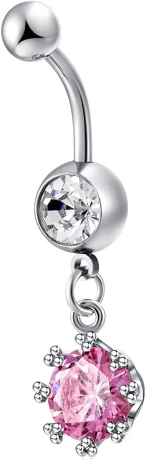 Belly Rings for Women, Belly Button Rings Dangling 316L Surgical Steel Belly Button Rings Crown Pink Cubic Zirconia Silver Belly Ring