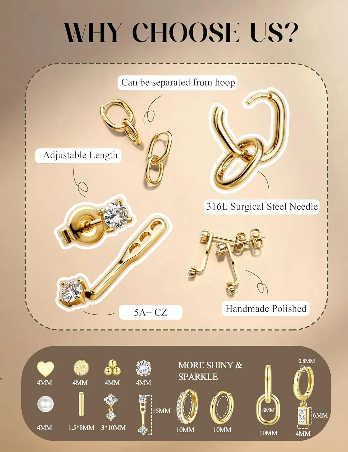 BESTEEL 12 Pairs Hypoallergenic Flat Back Earrings for Women - 14K Gold Stainless Surgical Steel Cartilage Earring Stacks Set Small Tragus Conch Daith Helix Piercing Jewelry Dangle Stud Hoops Silver