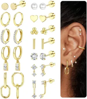 BESTEEL 12 Pairs Hypoallergenic Flat Back Earrings for Women - 14K Gold Stainless Surgical Steel Cartilage Earring Stacks Set Small Tragus Conch Daith Helix Piercing Jewelry Dangle Stud Hoops Silver