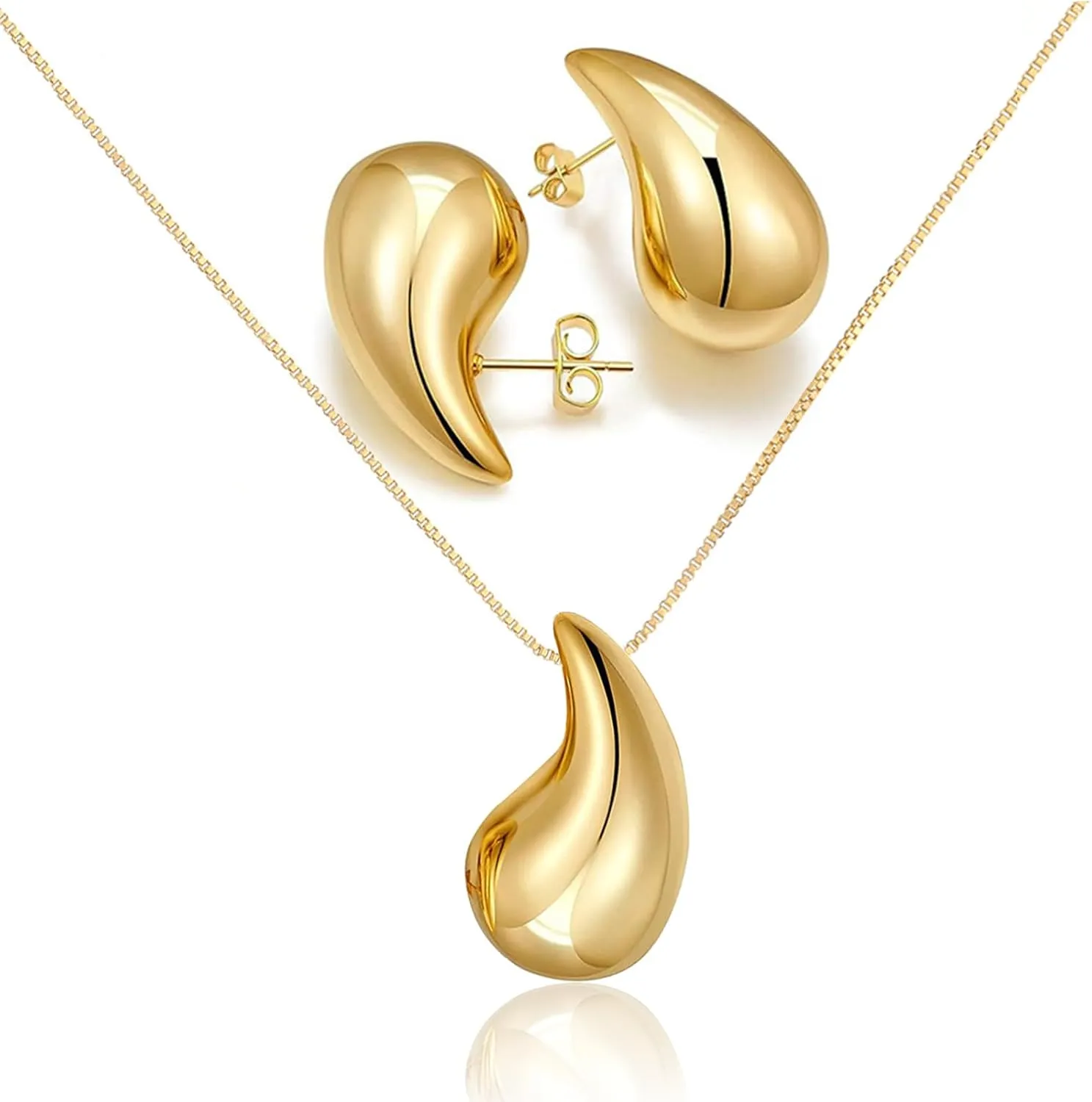 Bi&Yamigeo Teardrop Necklace Earring set,18K Gold Stainless Steel Tear Drop Necklaces Earrings Ring Jewelry,Adjustable Layered Choker Box Chain Waterdrop Pendant Necklace for Women