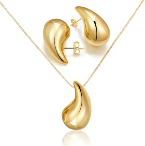 Bi&Yamigeo Teardrop Necklace Earring set,18K Gold Stainless Steel Tear Drop Necklaces Earrings Ring Jewelry,Adjustable Layered Choker Box Chain Waterdrop Pendant Necklace for Women