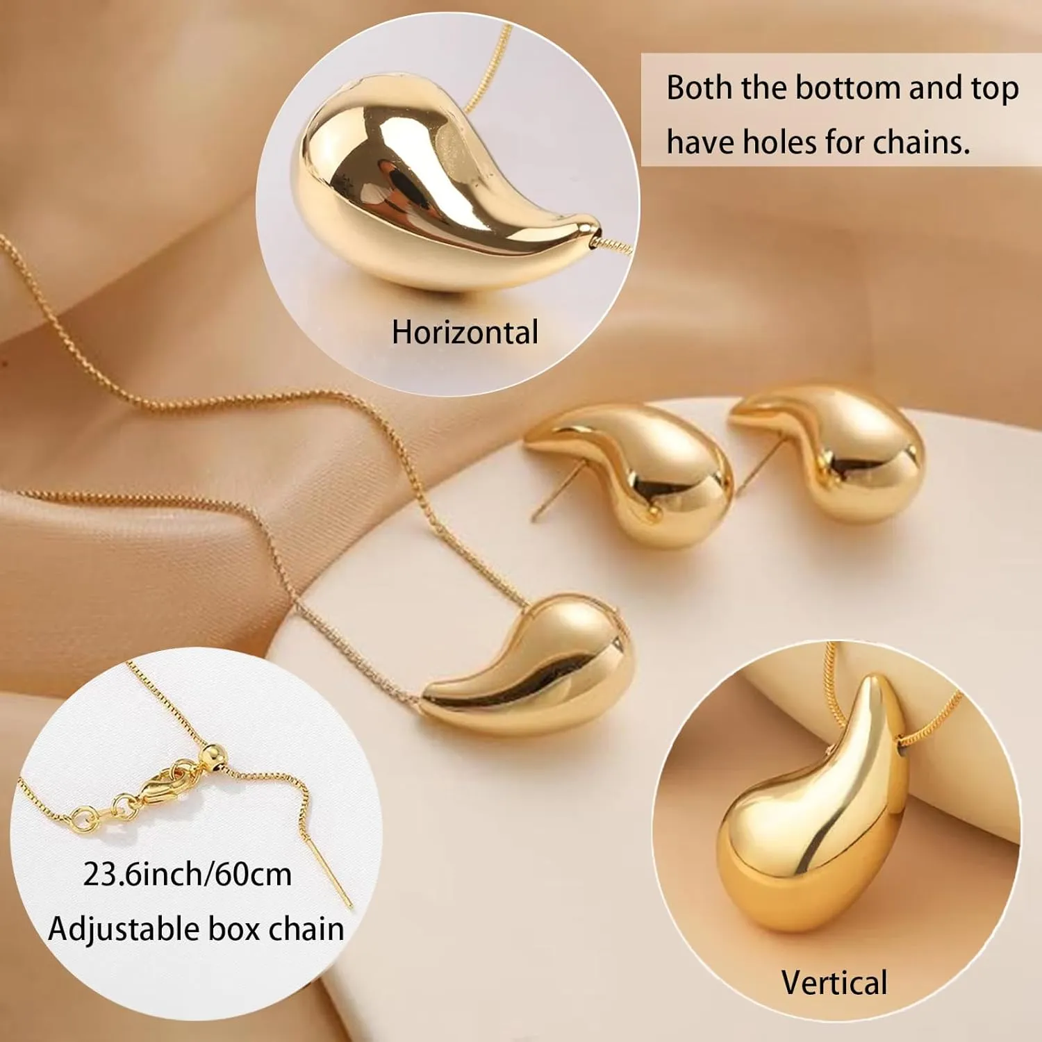Bi&Yamigeo Teardrop Necklace Earring set,18K Gold Stainless Steel Tear Drop Necklaces Earrings Ring Jewelry,Adjustable Layered Choker Box Chain Waterdrop Pendant Necklace for Women