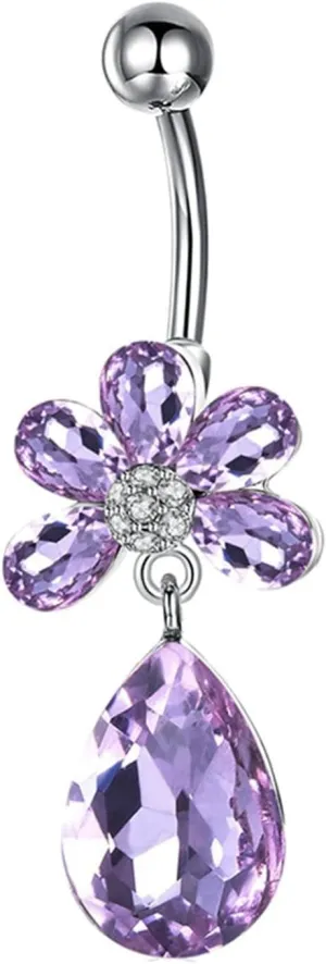 Birthday Gifts for Women, Navel Rings Bling Cubic Zirconia Purple Surgical Steel Flower Teardrop for Women Girls Body Piercing Jewelry