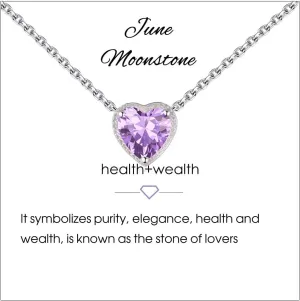 Birthstone Heart Women Necklaces, 925 Sterling Silver Birthstone Pendant Necklace, Adjustable Chain Gift Box, 12 Months Jewellery Valentines Gift for Her Wife Mom Birthday Wedding