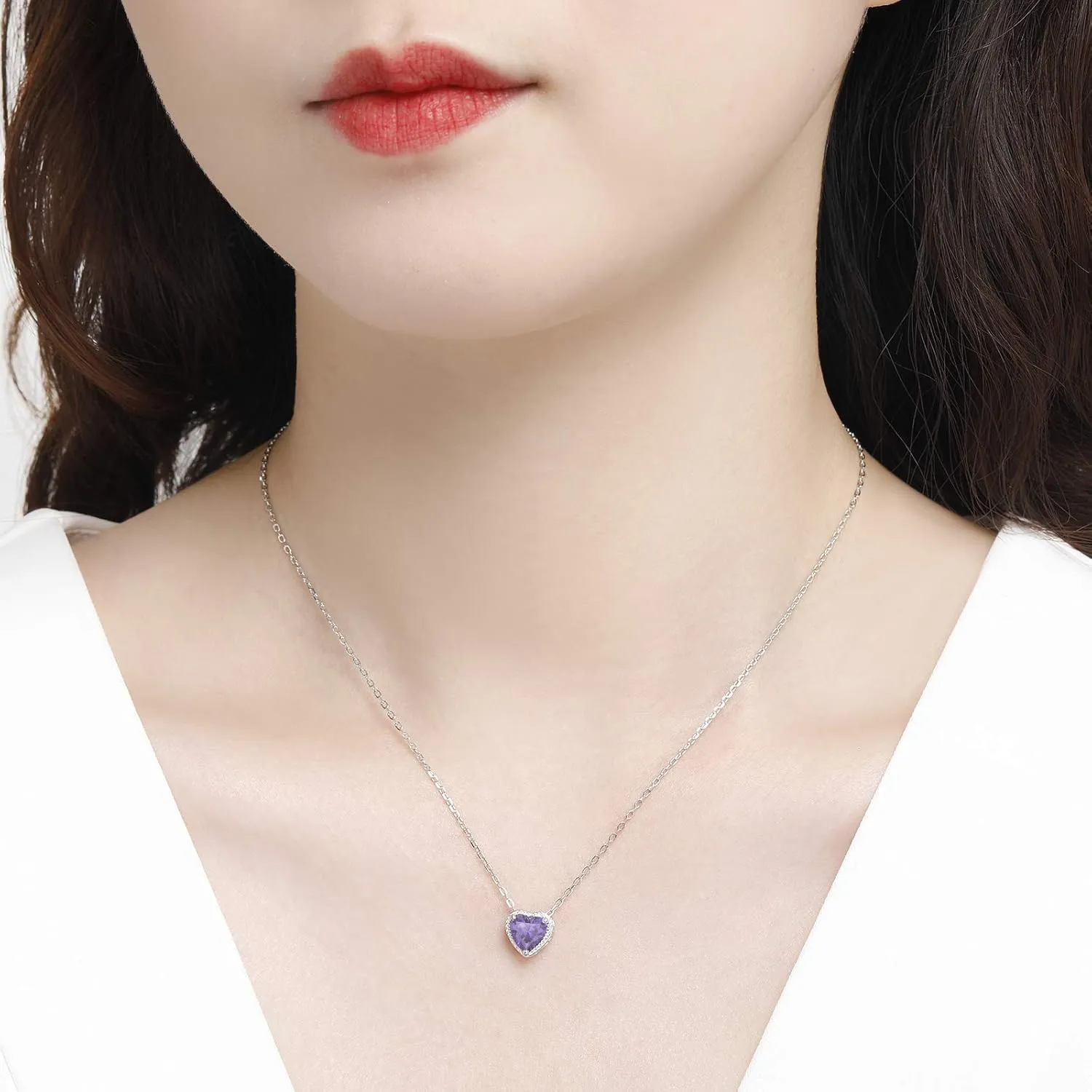 Birthstone Heart Women Necklaces, 925 Sterling Silver Birthstone Pendant Necklace, Adjustable Chain Gift Box, 12 Months Jewellery Valentines Gift for Her Wife Mom Birthday Wedding