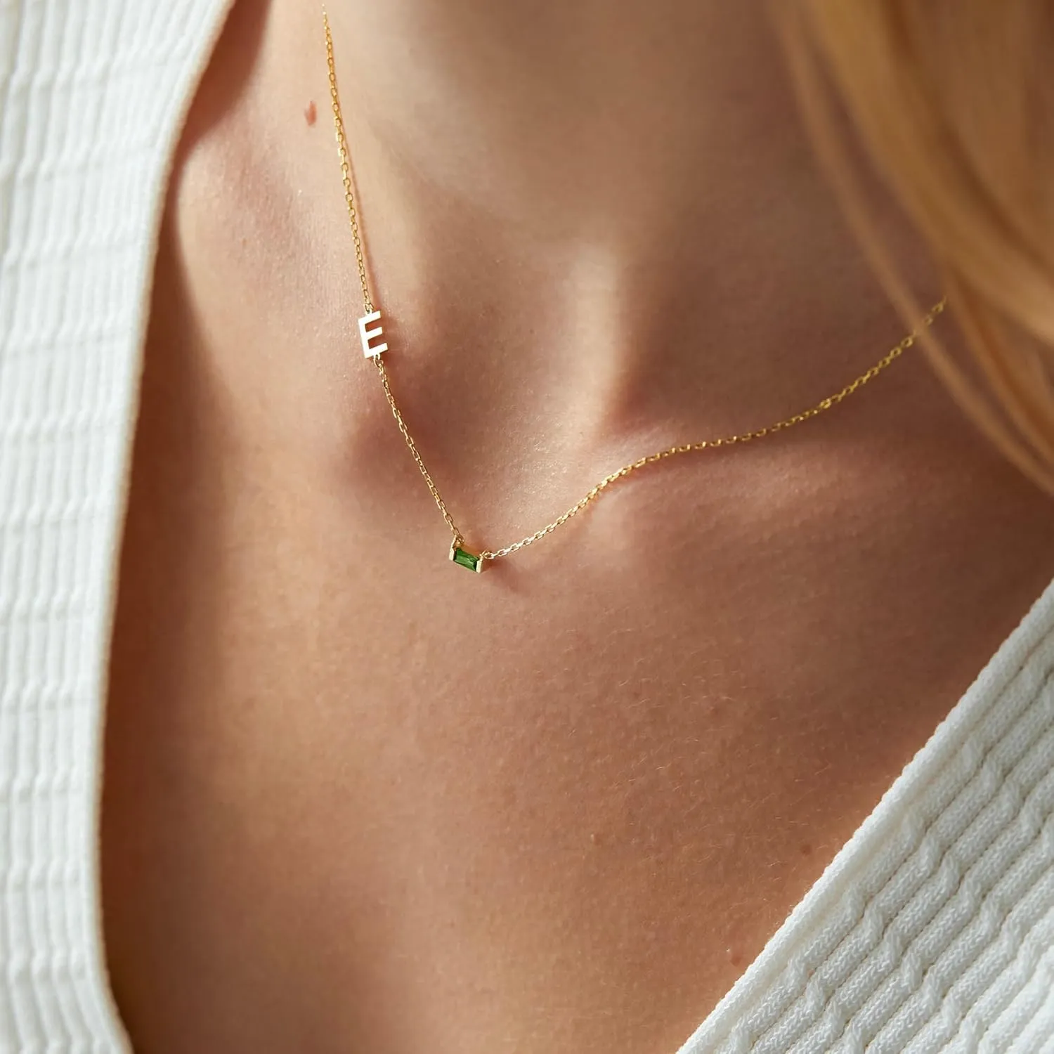 Birthstone Initial Necklaces for Women - 18K Gold Plated Sideway Initial Necklace Dainty A-Z Pendant Necklace Emerald Birthstone Initial Necklace Gold Neckalce for Women Jewelry Gifts