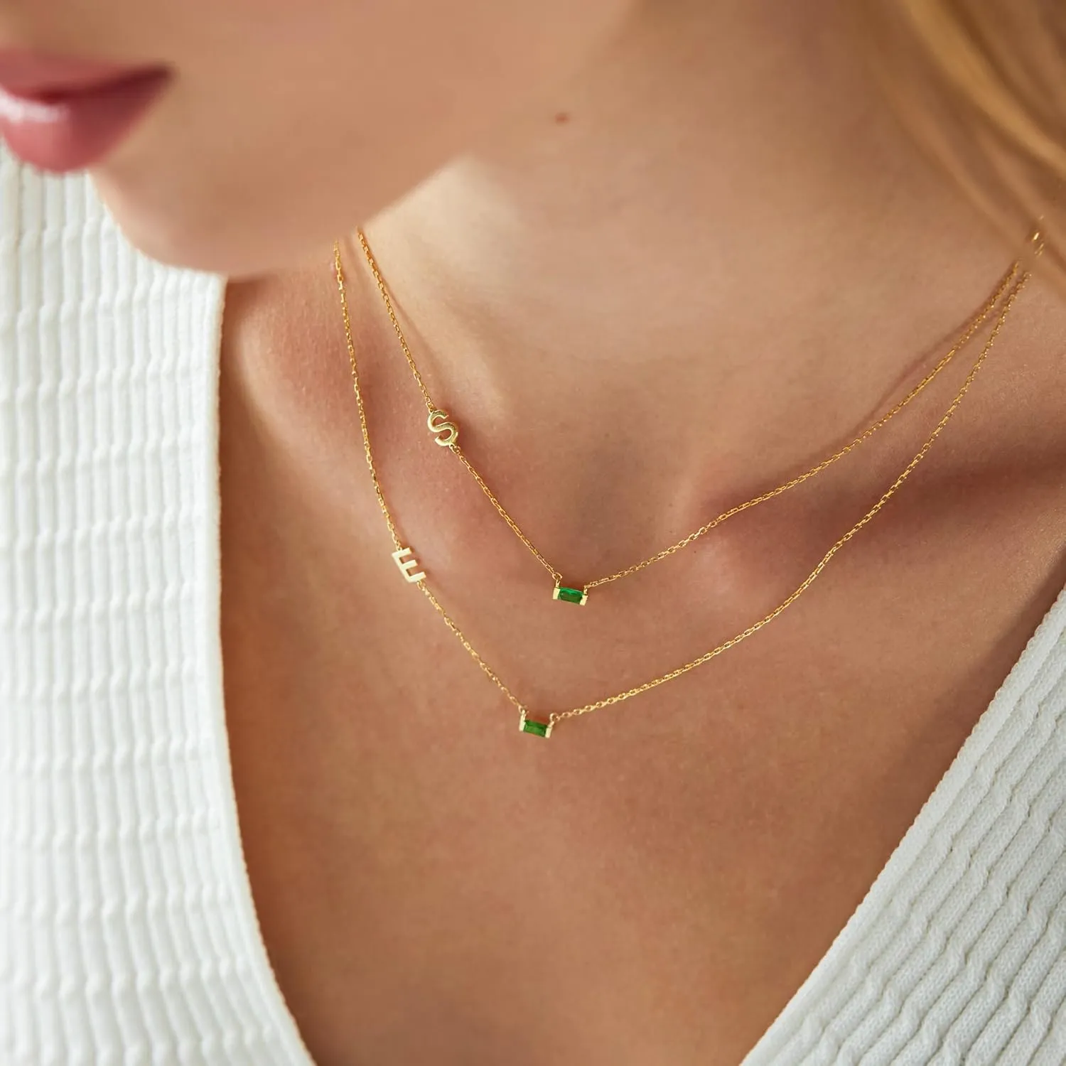Birthstone Initial Necklaces for Women - 18K Gold Plated Sideway Initial Necklace Dainty A-Z Pendant Necklace Emerald Birthstone Initial Necklace Gold Neckalce for Women Jewelry Gifts