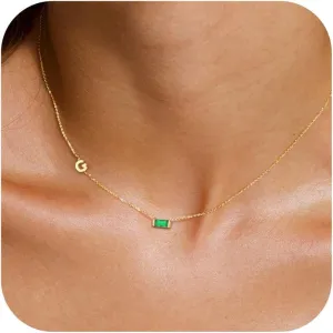 Birthstone Initial Necklaces for Women - 18K Gold Plated Sideway Initial Necklace Dainty A-Z Pendant Necklace Emerald Birthstone Initial Necklace Gold Neckalce for Women Jewelry Gifts
