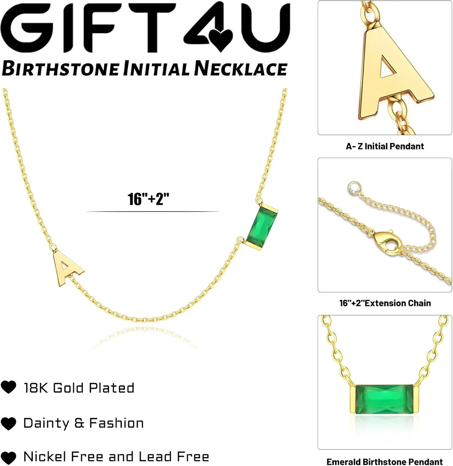 Birthstone Initial Necklaces for Women - 18K Gold Plated Sideway Initial Necklace Dainty A-Z Pendant Necklace Emerald Birthstone Initial Necklace Gold Neckalce for Women Jewelry Gifts