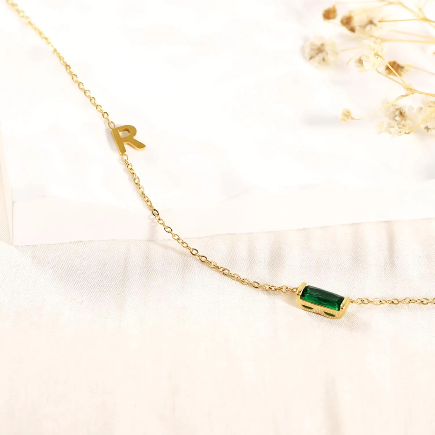 Birthstone Initial Necklaces for Women - 18K Gold Plated Sideway Initial Necklace Dainty A-Z Pendant Necklace Emerald Birthstone Initial Necklace Gold Neckalce for Women Jewelry Gifts