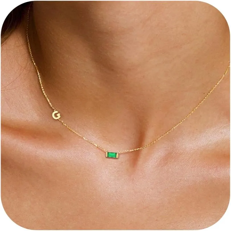 Birthstone Initial Necklaces for Women - 18K Gold Plated Sideway Initial Necklace Dainty A-Z Pendant Necklace Emerald Birthstone Initial Necklace Gold Neckalce for Women Jewelry Gifts