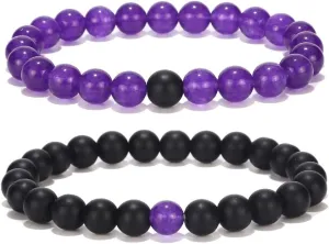 Black Matte & Purple Agate Stone His and Hers Bracelets 8mm Sandstone Couple Bracelet