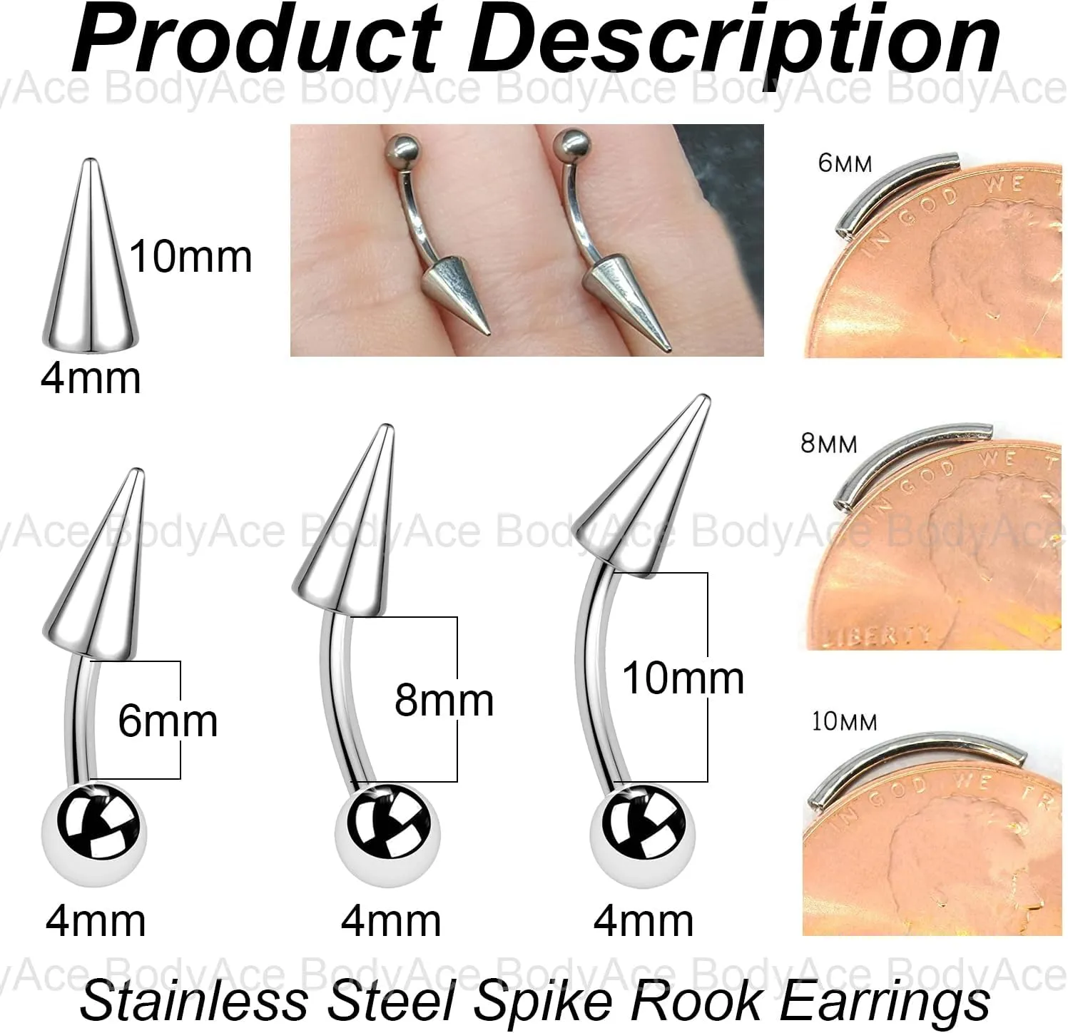 BodyAce 12PCS Spike Rook Earrings Eyebrow Rings, 316L Surgical Steel 16G Curved Barbell Cartilage Helix Earring, Lip Rings Tragus Daith Piercing Jewelry