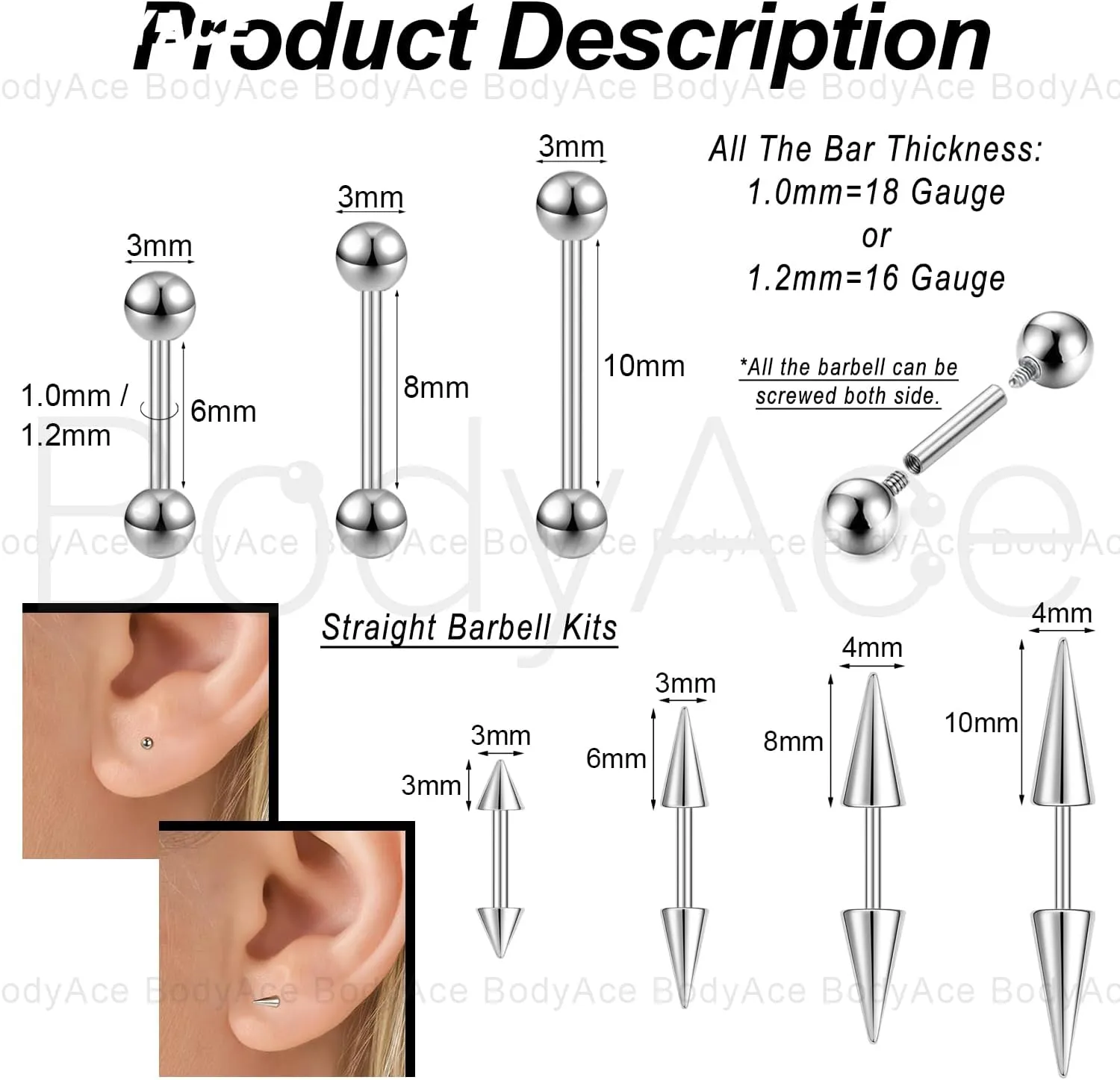 BodyAce 16G 18G Spike Earrings Rook Eyebrow Rings, Internal Threaded Curved Barbells Cartilage Helix Earring, Straight Bar Tragus Lip Piercing Jewelry