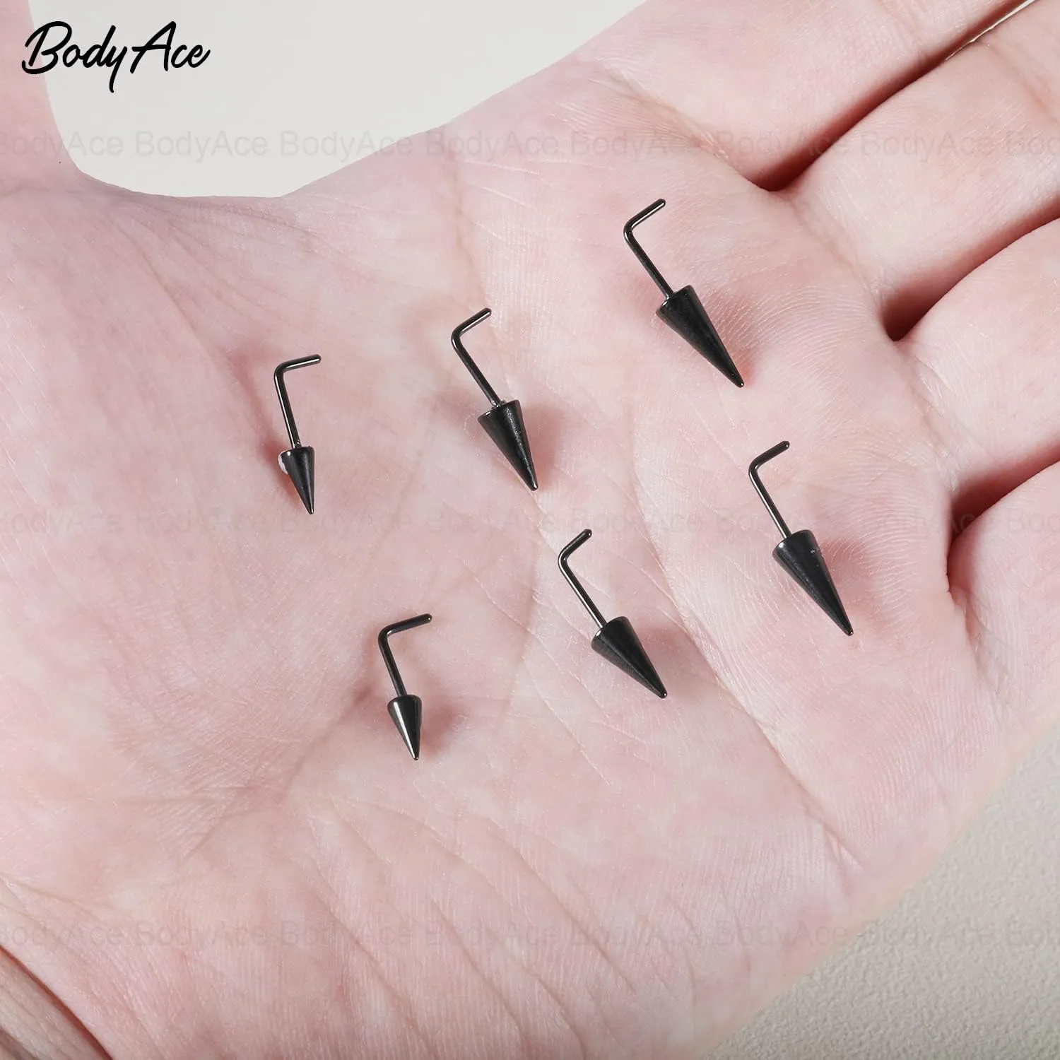 BodyAce 20G Spike Nose Studs Rings, Stainless Steel Spike Nostril Ring Stud, Black Rook Corkscrew Ring L-Shaped Nose Piercing Jewelry for Men Women