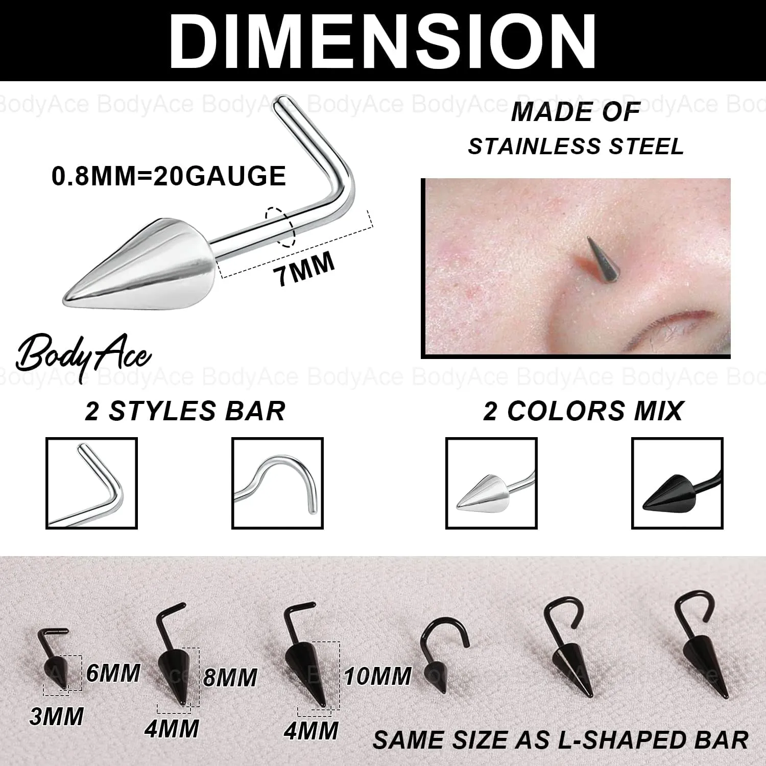 BodyAce 20G Spike Nose Studs Rings, Stainless Steel Spike Nostril Ring Stud, Black Rook Corkscrew Ring L-Shaped Nose Piercing Jewelry for Men Women