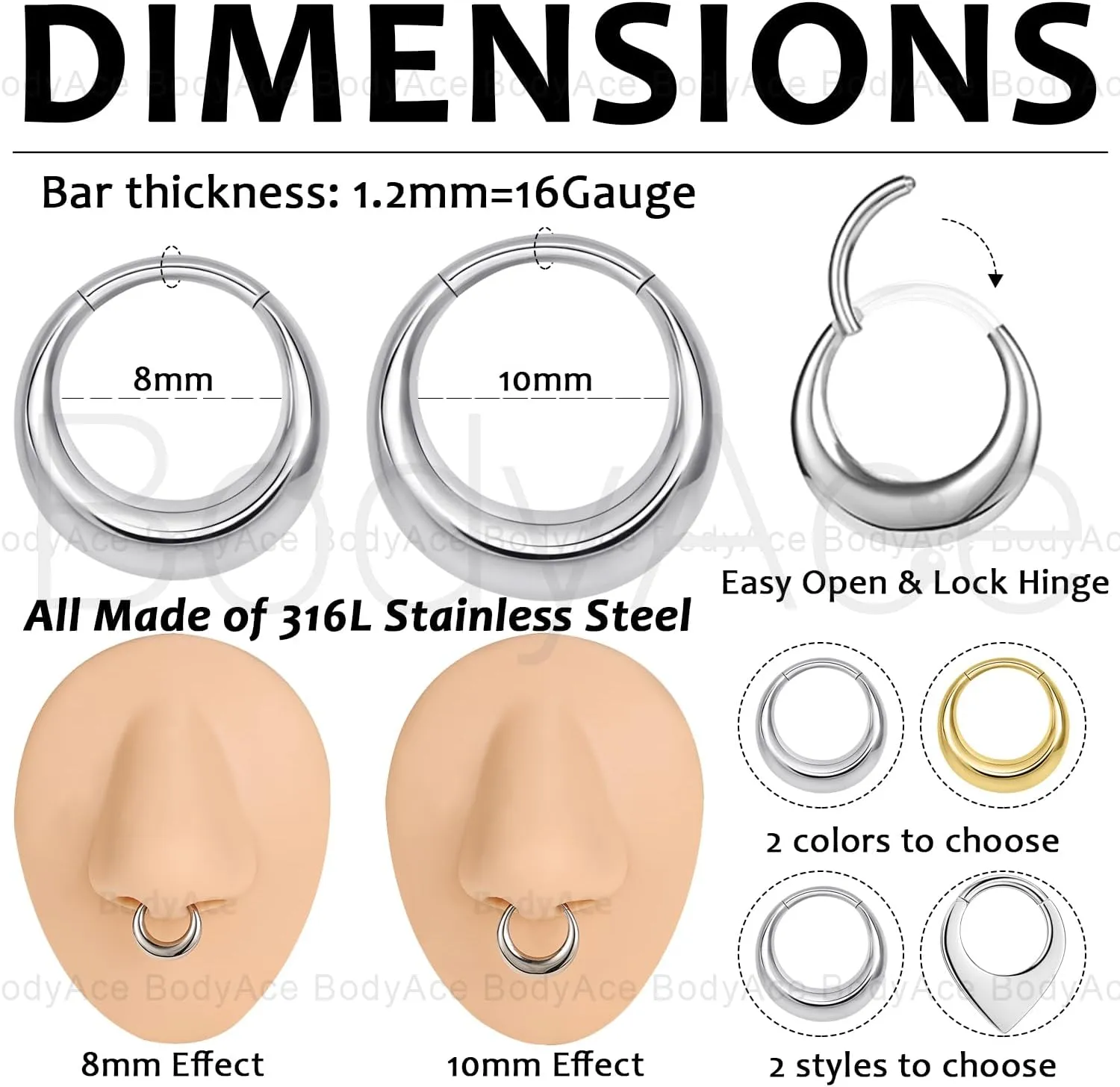 BodyAce 316L Stainless Steel Septum Rings Hoop, 16G Segment Nose Rings Septum Clicker for Men, Gold Moon Hinged Cartilage Earrings for Daith, Rook, Tragus