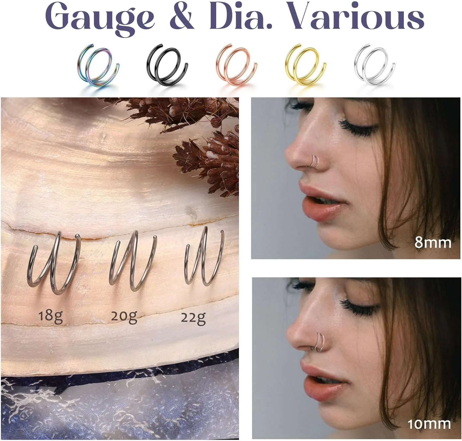 BodyBonita 2-8Pcs Softened 316L Stainless Steel Double Hoop Nose Ring for Single Piercing 22G 20G 18G Bendable Twist Spiral Nose Rings Hoops for Women 8mm 10 mm