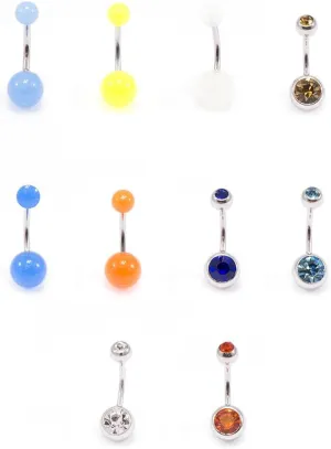 BodyJewelryOnline 10 pc. Belly Button Rings Naval Piercing Surgical Steel 5 Glow in The Dark Balls and 5 Double CZ gems 14G