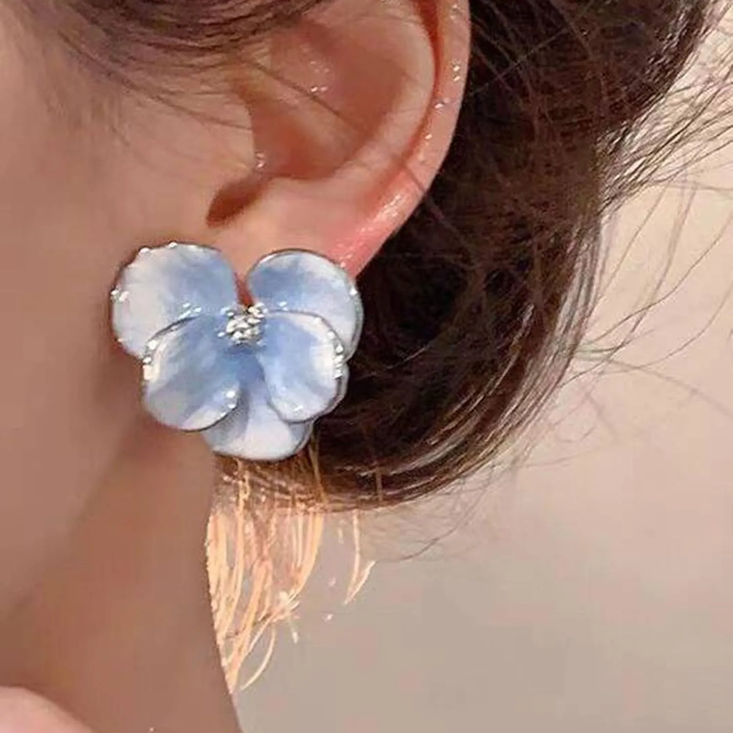 Bohemian Red Flower Stud Earrings Enamel Floral Petal Earrings Cubic Zirconia Rhinestone Cherry Blossom Flower Earrings Large Petal Statament Earrings Wedding Jewelry for Women