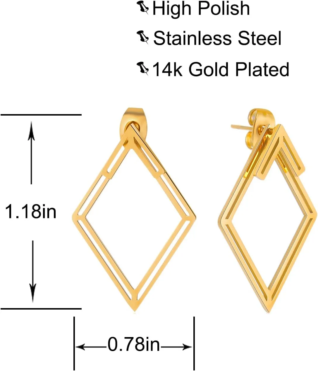 Boho Square Stud Earrings Jackets, Minimalist Geometric Stainless Steel Gold Ear Stud Earrings Front Back Earrings for Women