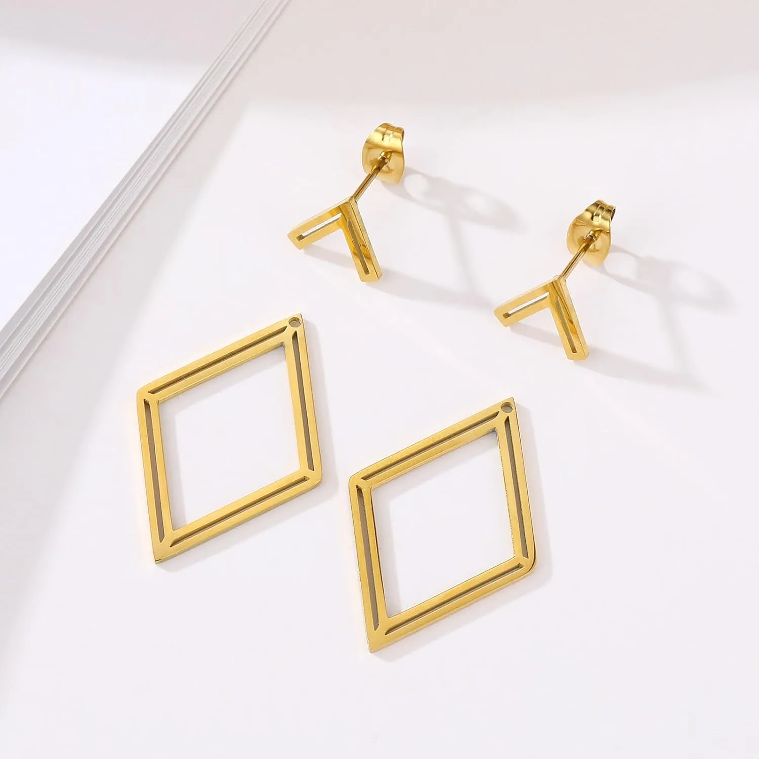 Boho Square Stud Earrings Jackets, Minimalist Geometric Stainless Steel Gold Ear Stud Earrings Front Back Earrings for Women