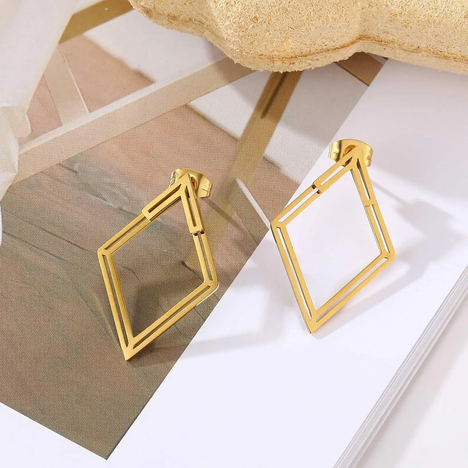 Boho Square Stud Earrings Jackets, Minimalist Geometric Stainless Steel Gold Ear Stud Earrings Front Back Earrings for Women