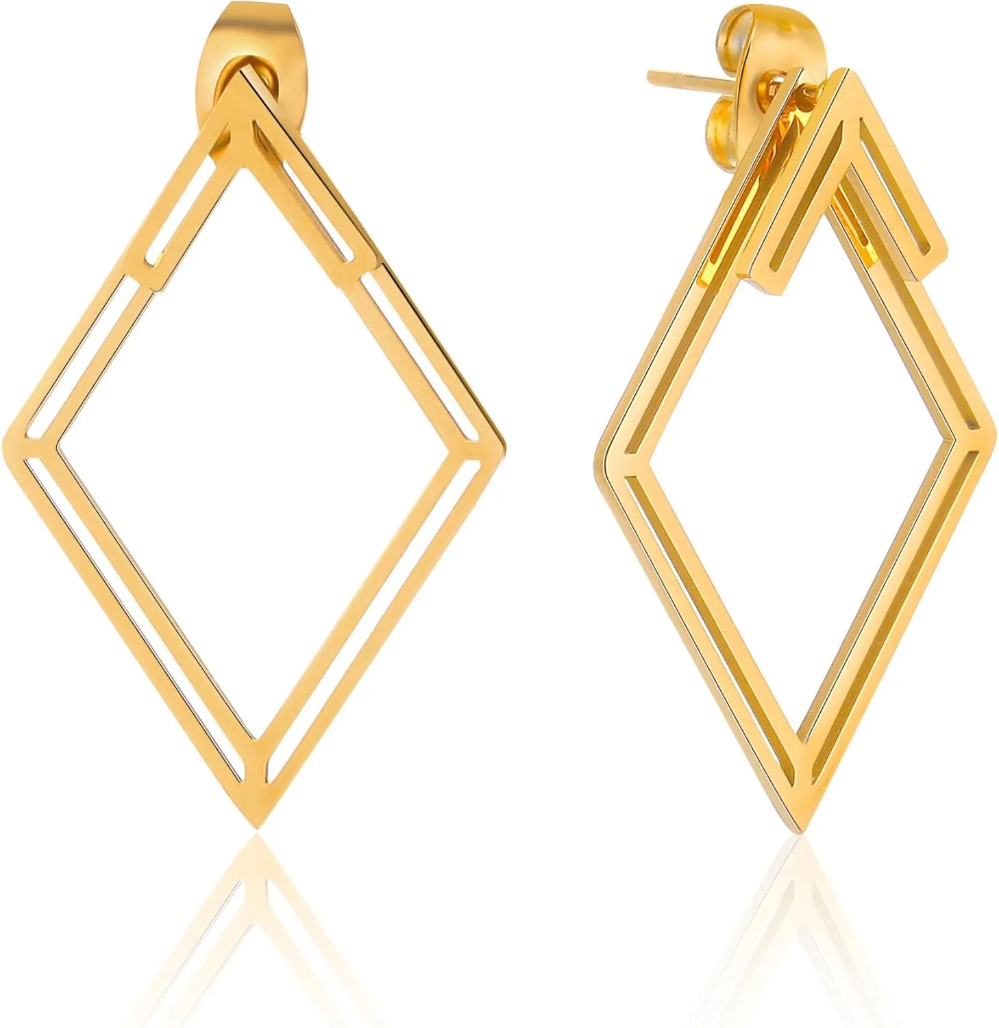 Boho Square Stud Earrings Jackets, Minimalist Geometric Stainless Steel Gold Ear Stud Earrings Front Back Earrings for Women