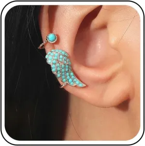 Boho Wing Ear Climber Earrings Blue Turquoise Earrings Wing Crawler Climber Earrings Cuff Wrap Earring Ear Cuff Wrap Crawler Earrings Non Piercing Earring for Women