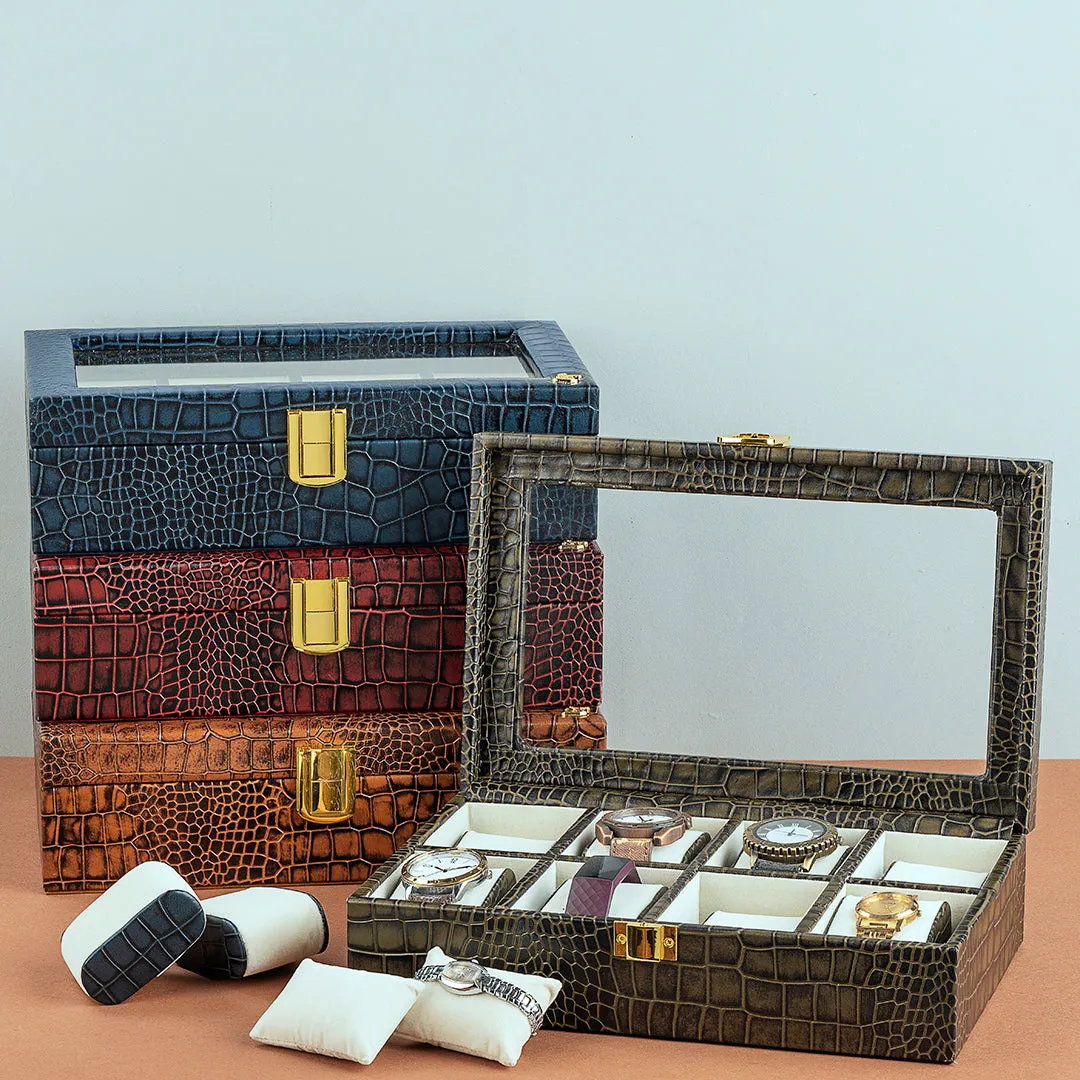 Bronx II Watch Box (8 Watches) | Watch Box For Men | 100% Genuine Leather | Color: Croco Cherry