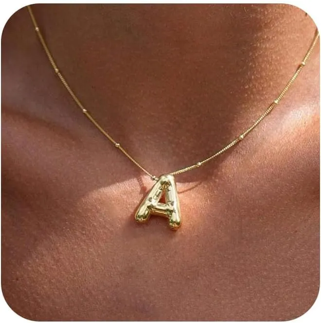 Bubble Letter Necklace Gold for Women,14K Gold Plated Bubble initial Necklace Layered Gold Initial Necklaces for Women Trendy Dainty Chunky Charm Name Necklace Gold Jewelry Set Fashion