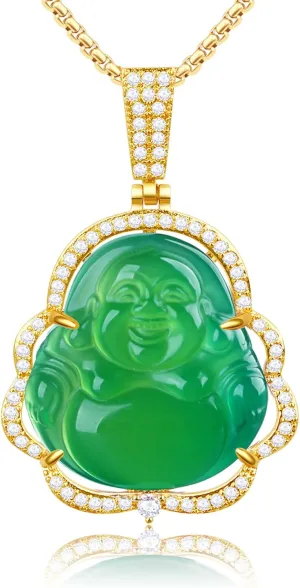 Buddha Necklace Green Jade Laughing Buddha 18K Gold Plated Chain Buddah Necklaces for Women Men Moms Gifts Luxury Jewelry Gifts for Her Him