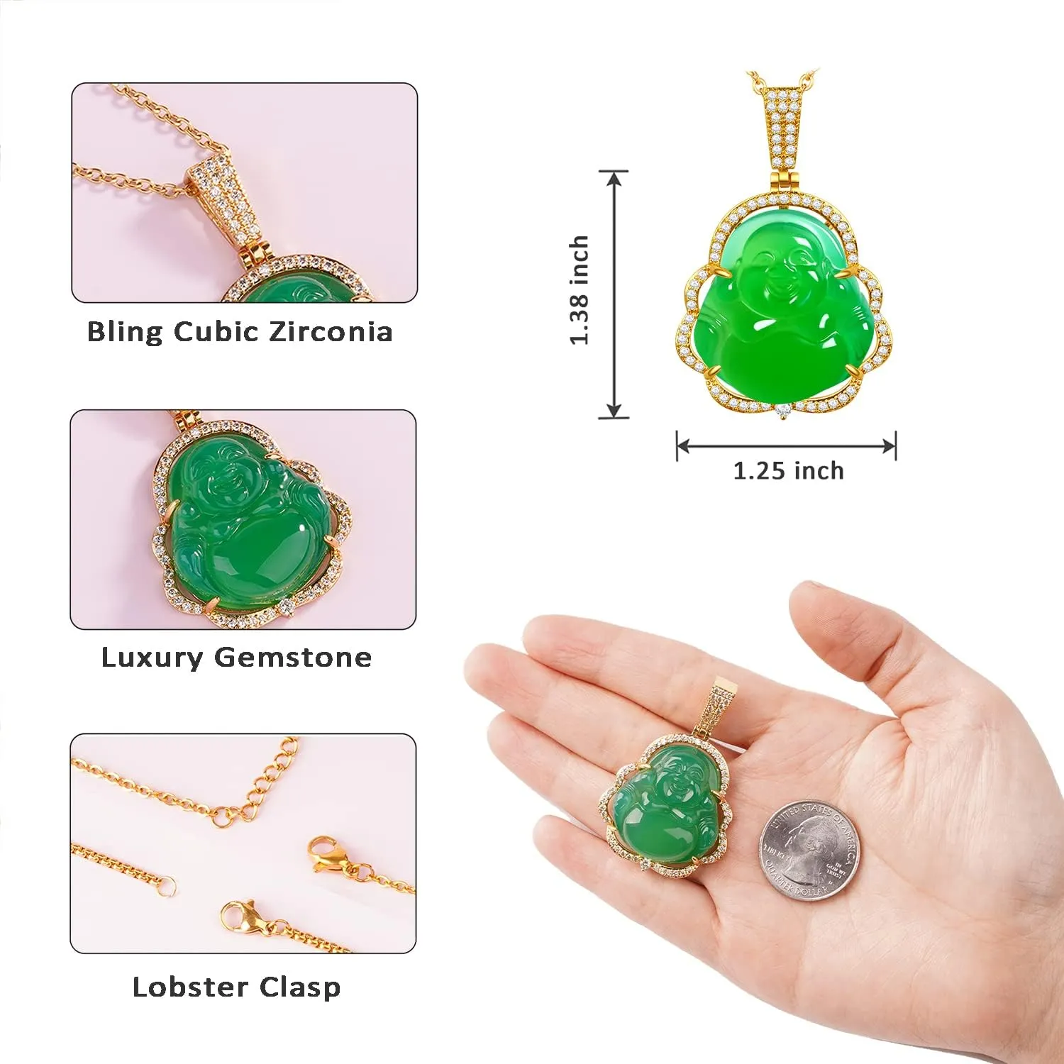 Buddha Necklace Green Jade Laughing Buddha 18K Gold Plated Chain Buddah Necklaces for Women Men Moms Gifts Luxury Jewelry Gifts for Her Him