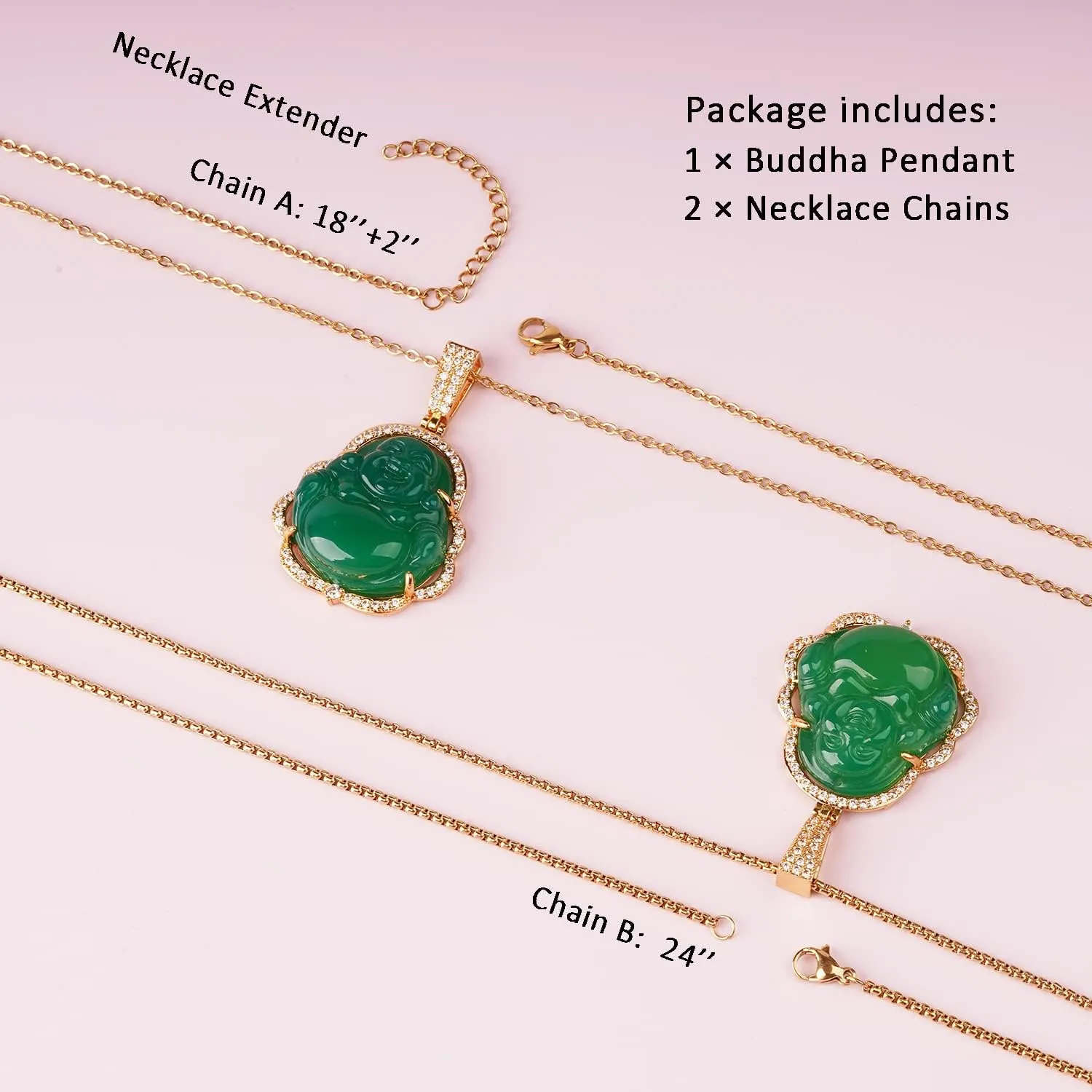 Buddha Necklace Green Jade Laughing Buddha 18K Gold Plated Chain Buddah Necklaces for Women Men Moms Gifts Luxury Jewelry Gifts for Her Him