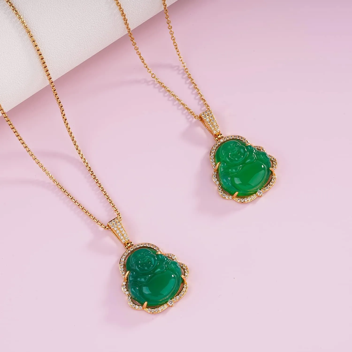 Buddha Necklace Green Jade Laughing Buddha 18K Gold Plated Chain Buddah Necklaces for Women Men Moms Gifts Luxury Jewelry Gifts for Her Him