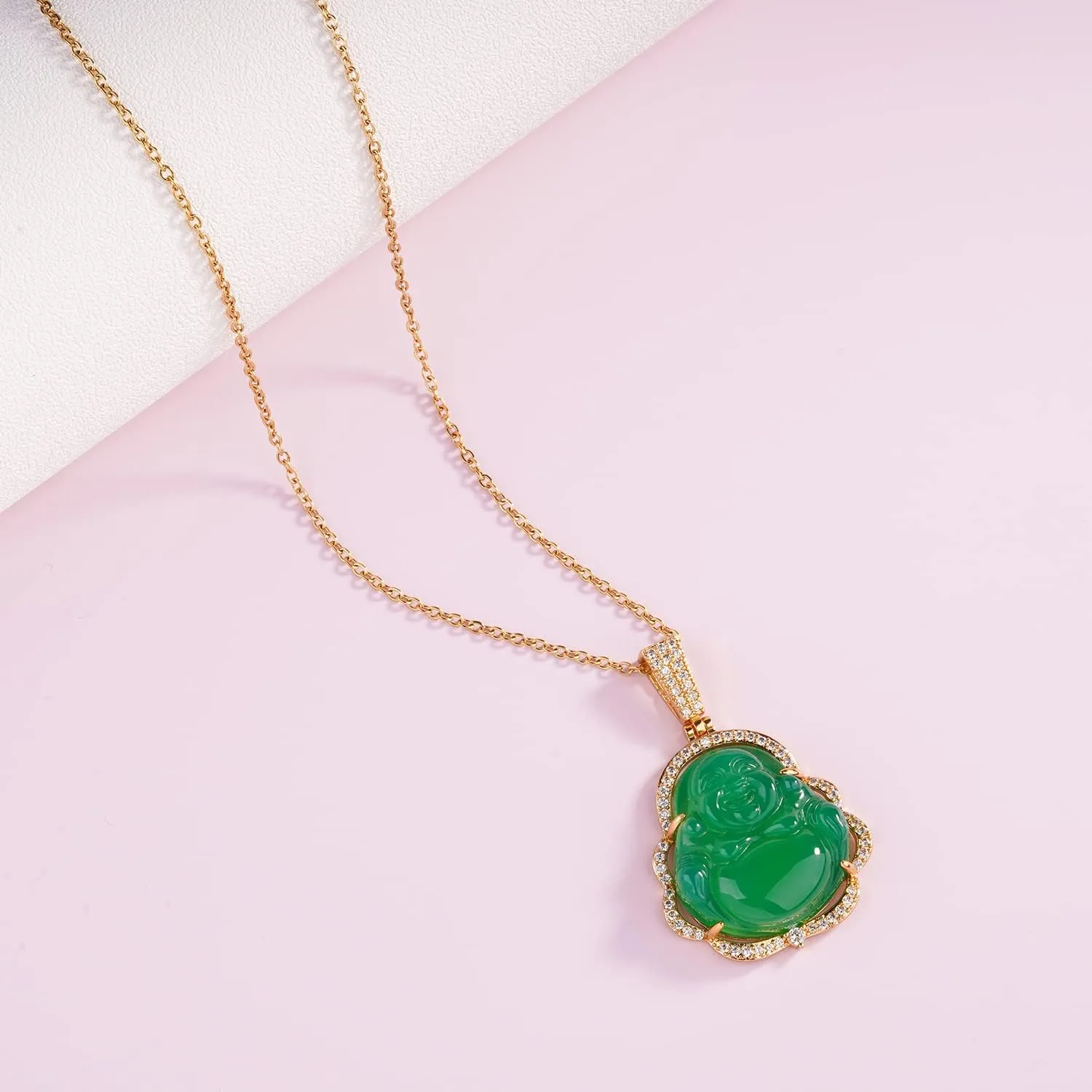 Buddha Necklace Green Jade Laughing Buddha 18K Gold Plated Chain Buddah Necklaces for Women Men Moms Gifts Luxury Jewelry Gifts for Her Him