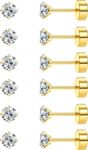 CASSIECA 20G Cartilage Earring Stud for Women Men 316L Surgical Steel Flat Back Earrings Set, 2-6mm Round CZ Screw Back Stud Earrings for Cartilage Tragus Helix Piercing Jewelry