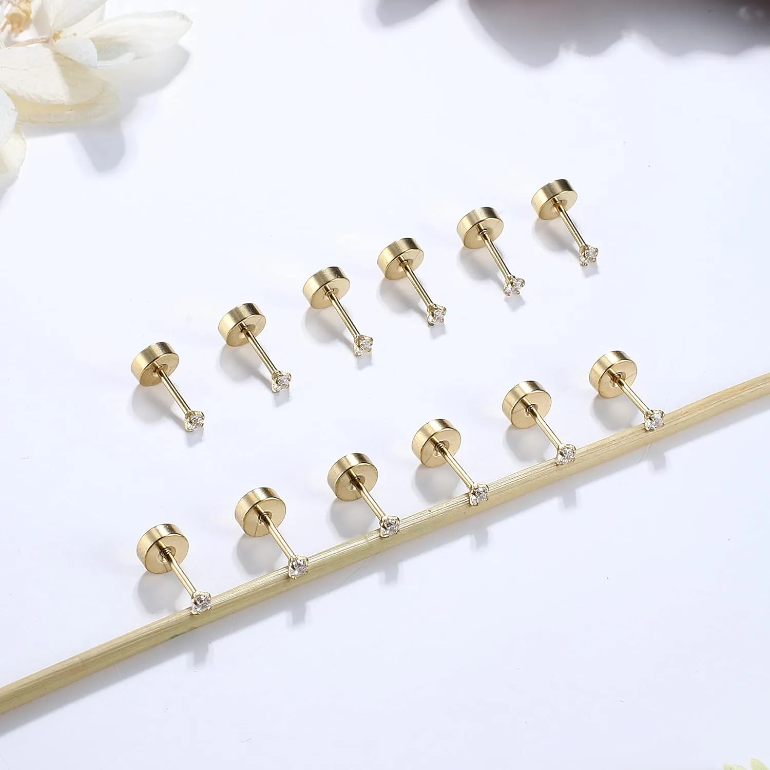 CASSIECA 20G Cartilage Earring Stud for Women Men 316L Surgical Steel Flat Back Earrings Set, 2-6mm Round CZ Screw Back Stud Earrings for Cartilage Tragus Helix Piercing Jewelry