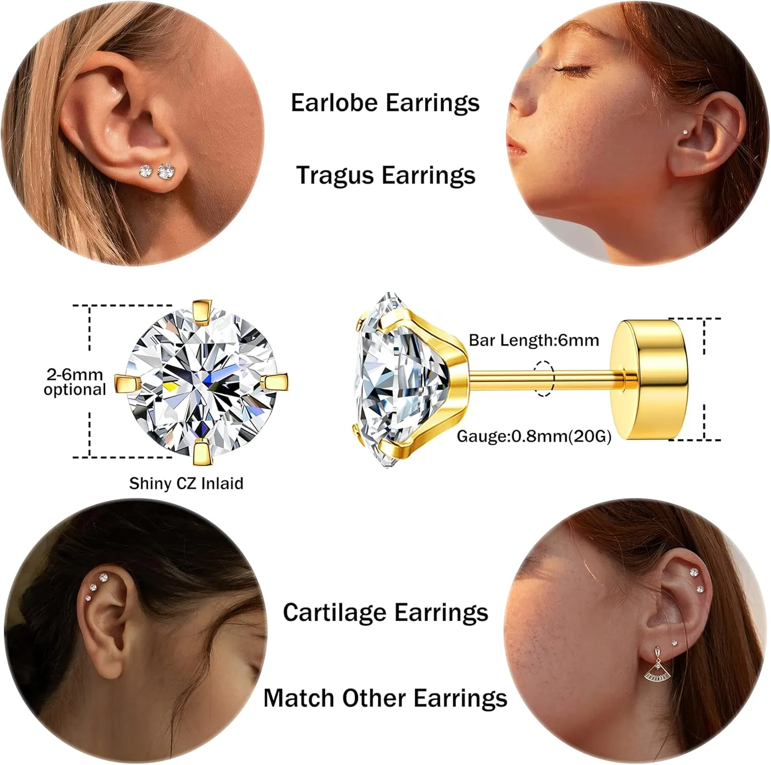 CASSIECA 20G Cartilage Earring Stud for Women Men 316L Surgical Steel Flat Back Earrings Set, 2-6mm Round CZ Screw Back Stud Earrings for Cartilage Tragus Helix Piercing Jewelry