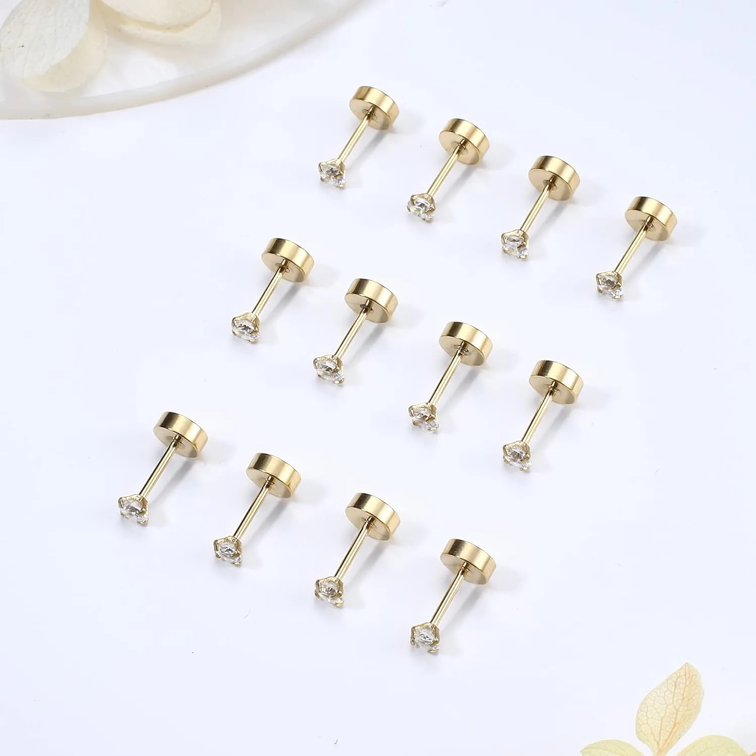 CASSIECA 20G Cartilage Earring Stud for Women Men 316L Surgical Steel Flat Back Earrings Set, 2-6mm Round CZ Screw Back Stud Earrings for Cartilage Tragus Helix Piercing Jewelry