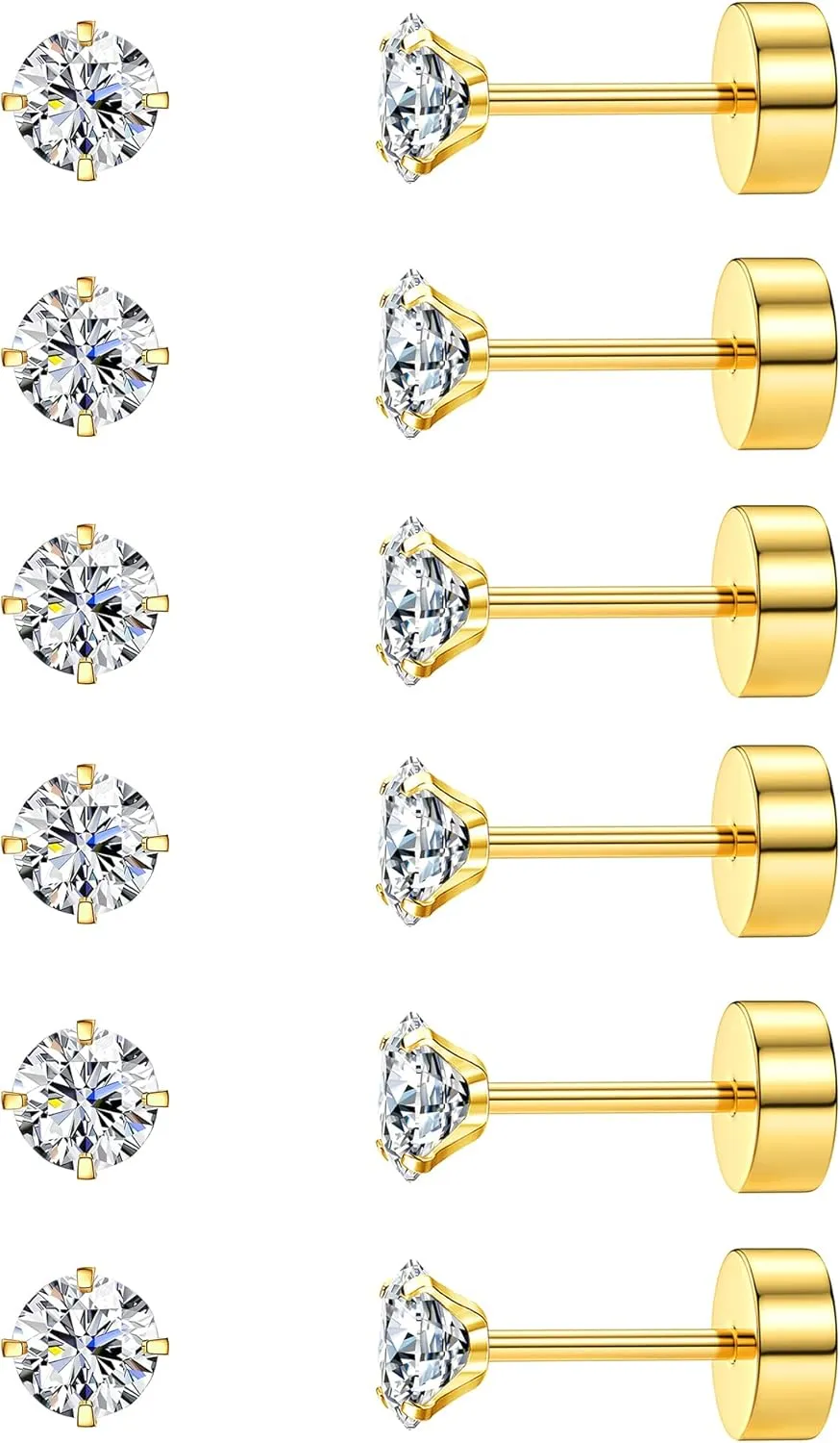 CASSIECA 20G Cartilage Earring Stud for Women Men 316L Surgical Steel Flat Back Earrings Set, 2-6mm Round CZ Screw Back Stud Earrings for Cartilage Tragus Helix Piercing Jewelry