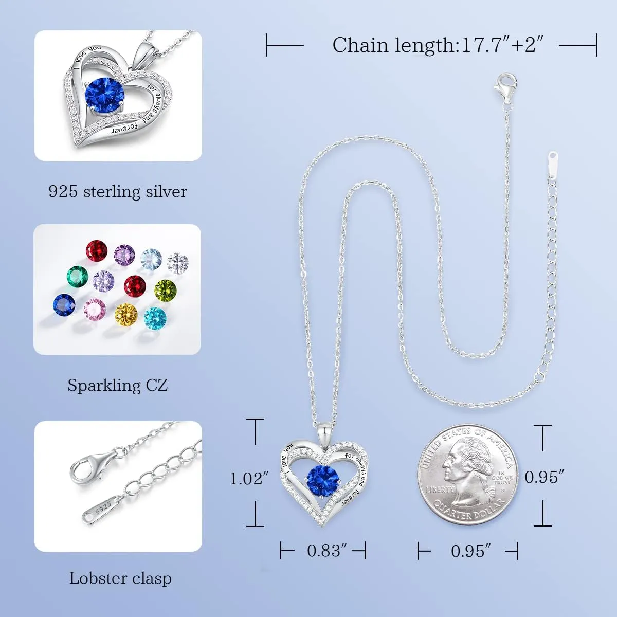 CDE Forever Love Heart Necklaces for Women, Wedding Anniversary, Birthday Mothers Day Gifts for Mom, Mother, Wife, Girlfriend, S925 Silver Jewelry with Birthstone Pendant