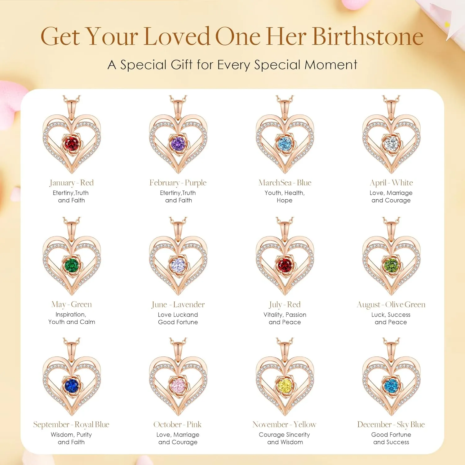 CDE Mothers Day Gifts for Mom, S925 Silver Rose Gold Heart Birthstone Necklaces for WomenIdeal Anniversary or Birthday Jewelry Gifts for Wife Girlfriend Her
