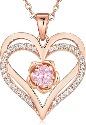 CDE Mothers Day Gifts for Mom, S925 Silver Rose Gold Heart Birthstone Necklaces for WomenIdeal Anniversary or Birthday Jewelry Gifts for Wife Girlfriend Her