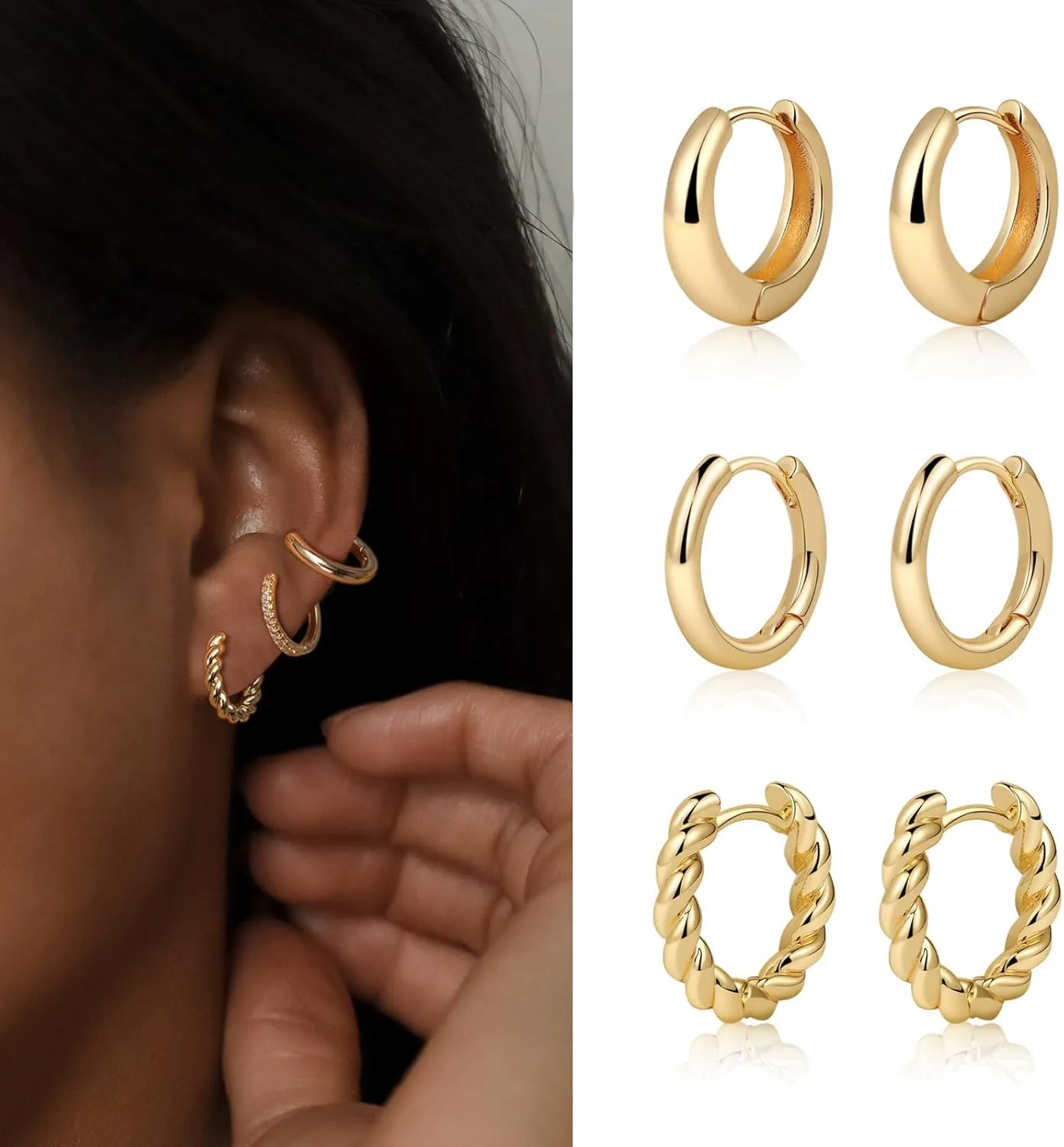 Chunky Gold Hoop Earrings Set 14K Gold/Silver Plated Open Lightweight Huggie Earrings for Women Trendy Hypoallergenic Jewelry Gifts
