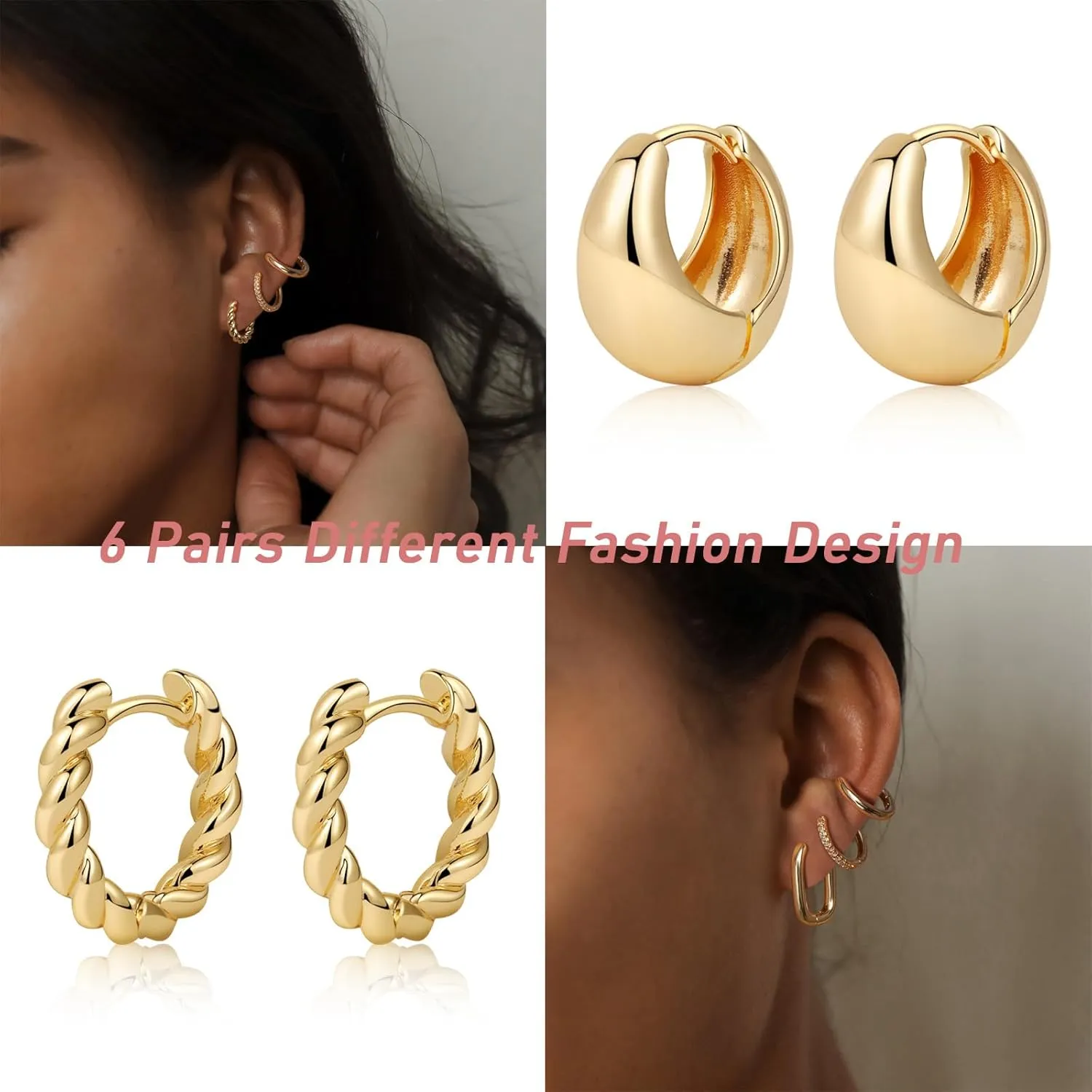 Chunky Gold Hoop Earrings Set 14K Gold/Silver Plated Open Lightweight Huggie Earrings for Women Trendy Hypoallergenic Jewelry Gifts