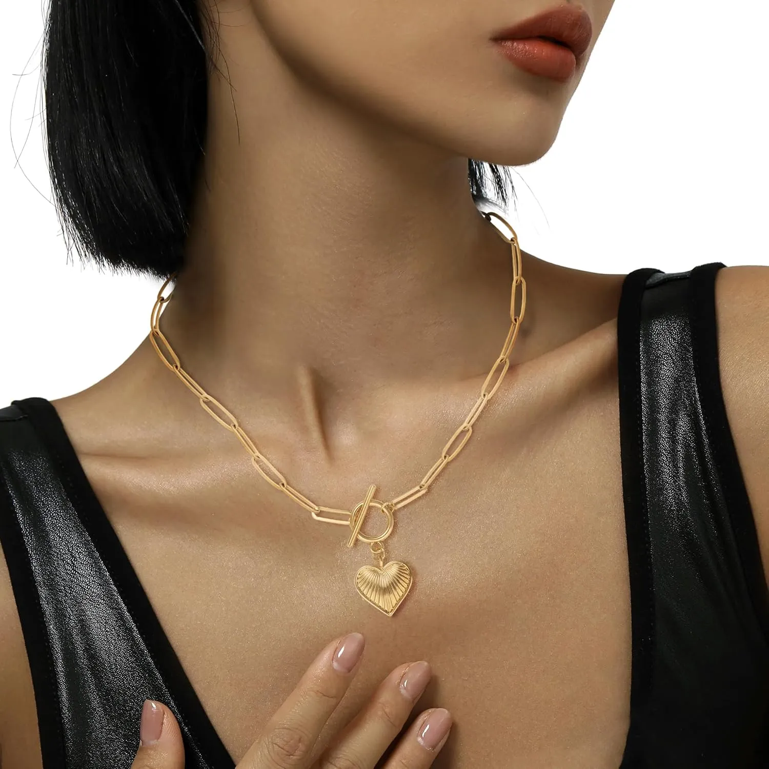 Chunky Gold Sun Heart Pendant Charm Necklace for Women 18K Gold Plated Thick Paperclip Chain Choker Necklaces Hip Hop Valentines Day Gift Jewelry