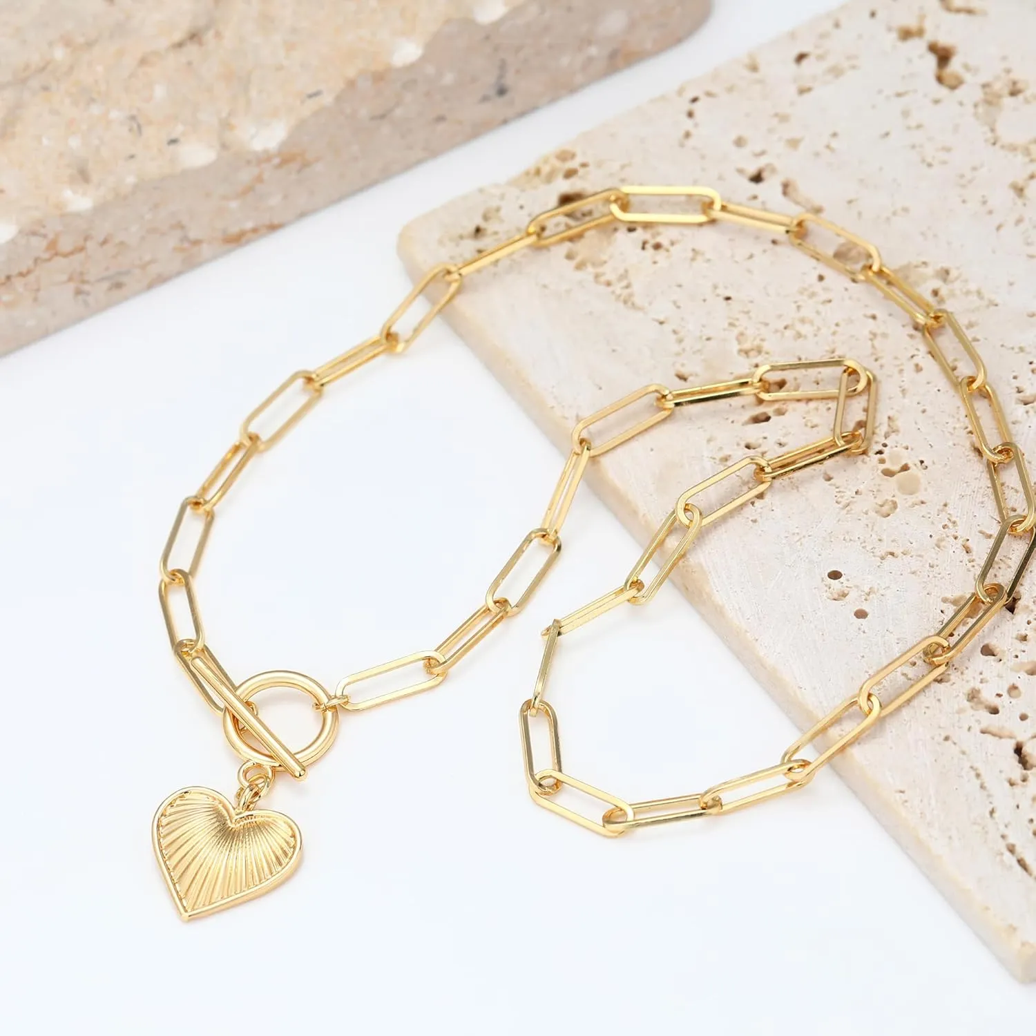 Chunky Gold Sun Heart Pendant Charm Necklace for Women 18K Gold Plated Thick Paperclip Chain Choker Necklaces Hip Hop Valentines Day Gift Jewelry