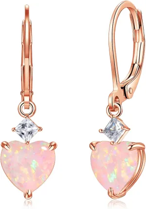CiNily Heart Opal Earrings Dangle Drop Earrings for Women Trendy Heart Pendant Earrings, CZ Leverback Earrings Opal Jewelry Gifts, 14K White Gold, Rose Gold, Yellow Gold